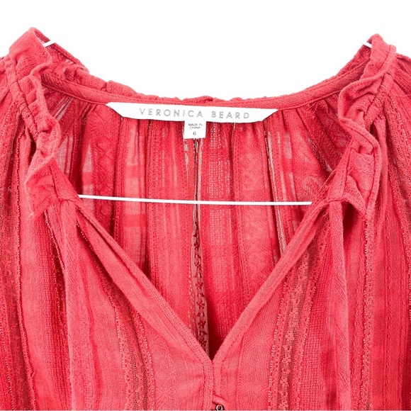 Veronica Beard Kalina Tassel Tie Boho Peasant Blouse Long Sleeve Top Brick Red - Picture 7 of 10